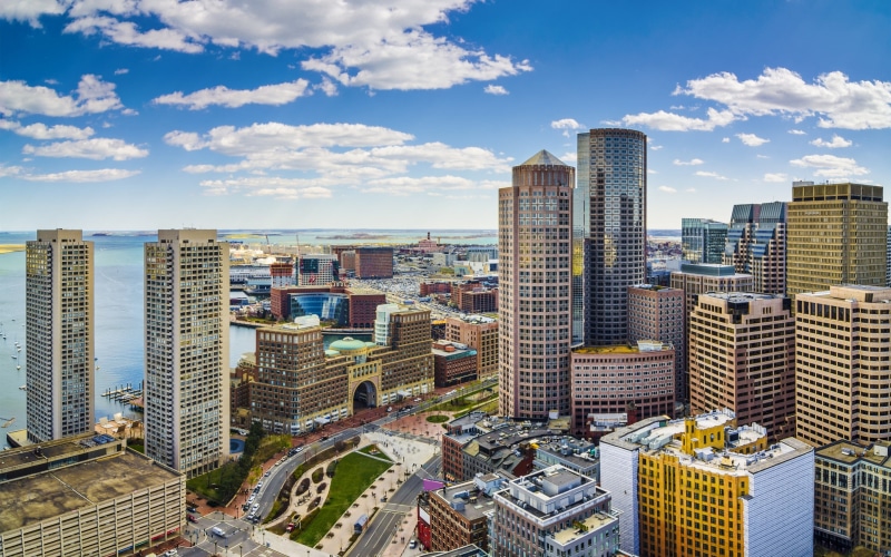 Skyscrapers, 2K, massachusetts, USA, bay, panorama, the coast, Buildings, Massachusetts Bay