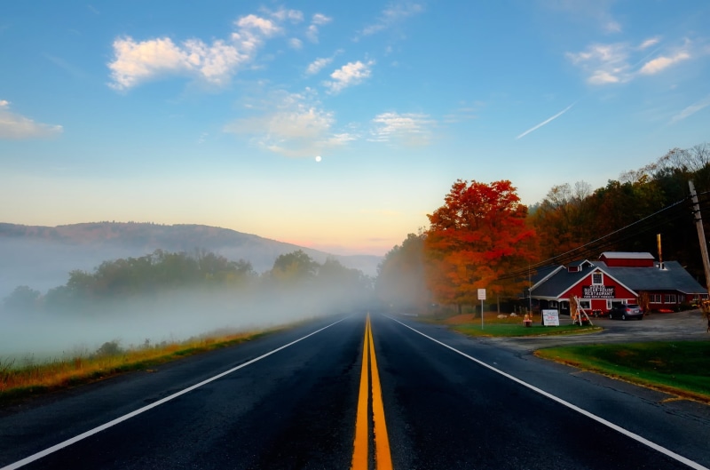 morning, forest, sunrise, direction, the way forward, autumn, clouds, cloud - sky, hdr, outdoors, 1080P, highway, fall, mountains, landscape, asphalt