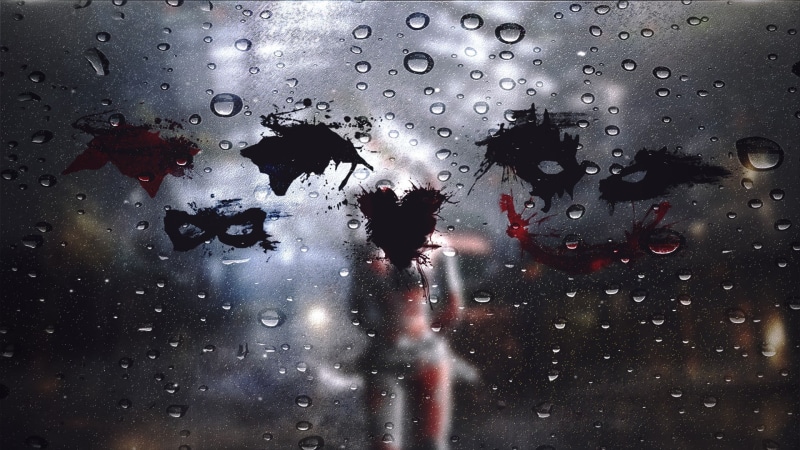 Joker, indoors, car, glass - Material, full frame, abstract, backgrounds, weather, condensation, rain, window, comics, water, glass, nature, storm, Harley Quinn