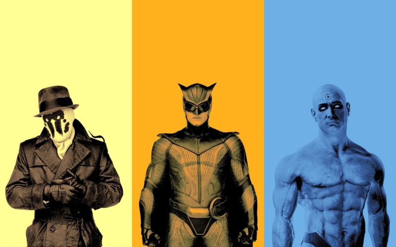 movies, Nite Owl, blue background, statue, male likeness, art and craft, clothing, digital composite, creativity, 720P, Rorschach, Watchmen, collage