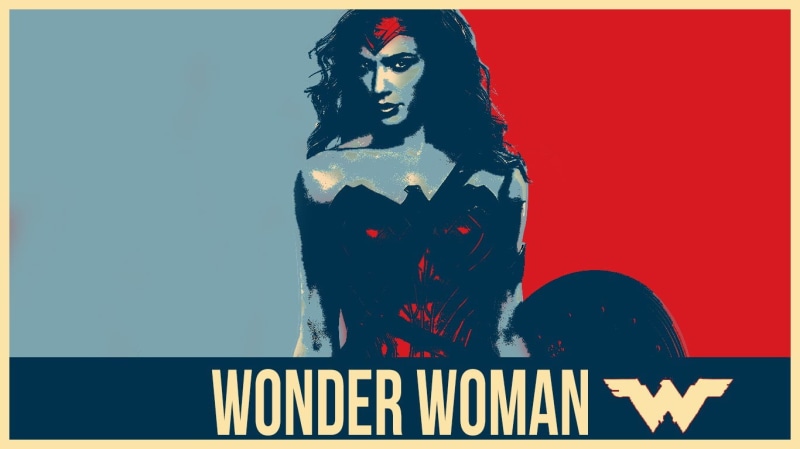 young adult, transfer print, looking at camera, human representation, communication, Mulher Maravilha, women, Justice League, Hope posters, western script
