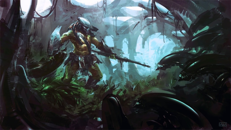 artwork, glass - material, fantasy art, plant part, leaf, concept art, movie, Predator (movie), Xenomorph, 720P, indoors, vertebrate, men, day
