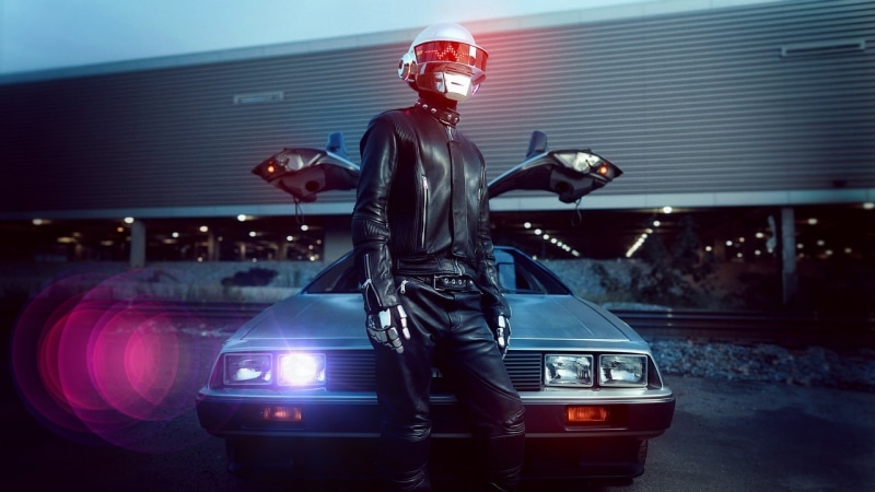 city, mode of transportation, car, night, crash helmet, transportation, motor vehicle, standing, men, DeLorean, young adult, front view, one person, adult