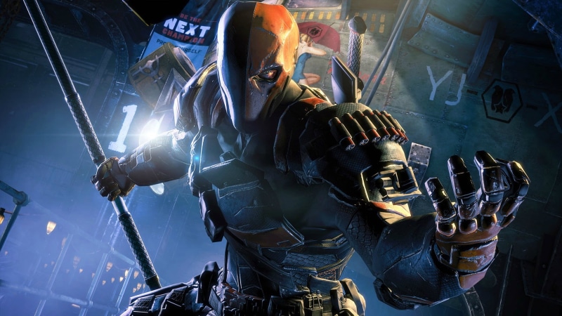 illuminated, Batman: Arkham Origins, men, arts culture and entertainment, night, DC Comics, video games, real people, 1080P, helmet, Deathstroke, communication