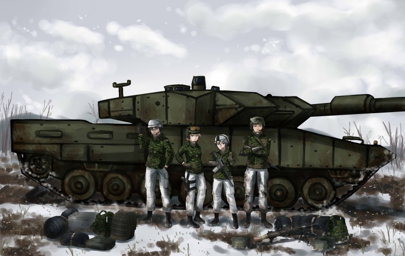 sky, transportation, tank, outdoors, architecture, original characters, black, built structure, no people, nature, cloud - sky, motor vehicle, land vehicle