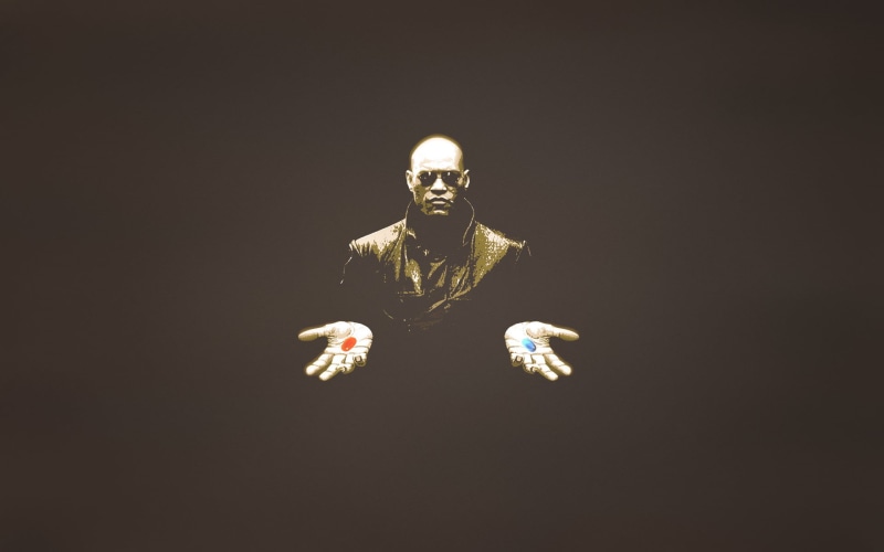 human representation, dark background, matrix, suit, craft, man, hands, one Person, Morpheus, domestic room, black, indoors, front view, Laurence Fishburne