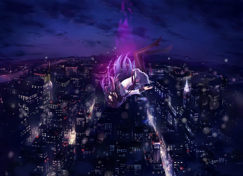 skyscraper, Akemi Homura, night, motion, illuminated, arts culture and entertainment, character, haired, anime, female, architecture, nightlife, glowing