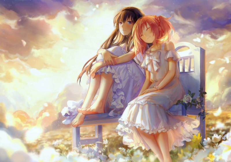 fashion, Kaname Madoka, leisure activity, cloud - sky, real people, lifestyles, teenager, beautiful woman, nature, young adult, bench, two, characters