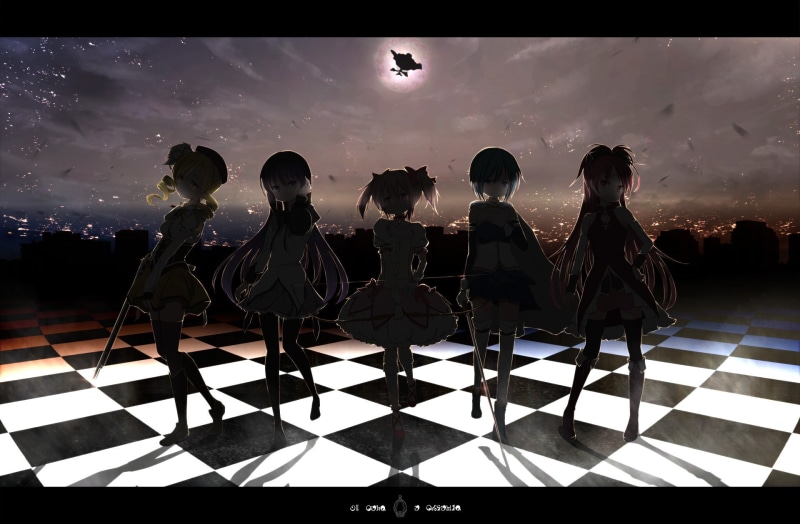 transfer print, Mahou Shoujo Madoka Magica, anime, men, 1080P, auto post production filter, leisure activity, sitting, standing, Kaname Madoka, Akemi Homura