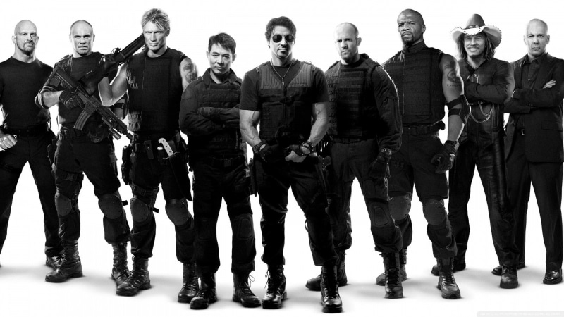 in a row, group of people, group, Dolph Lundgren, people, front view, uniform, clothing, protection, security, white background, Jason Statham, indoors