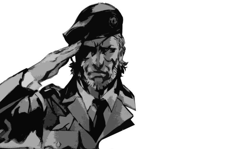 Metal Gear Solid 3: Snake Eater, studio shot, monochrome, soldier, clear sky, man, white background, simple background, close-up, illustration, Metal Gear Solid 