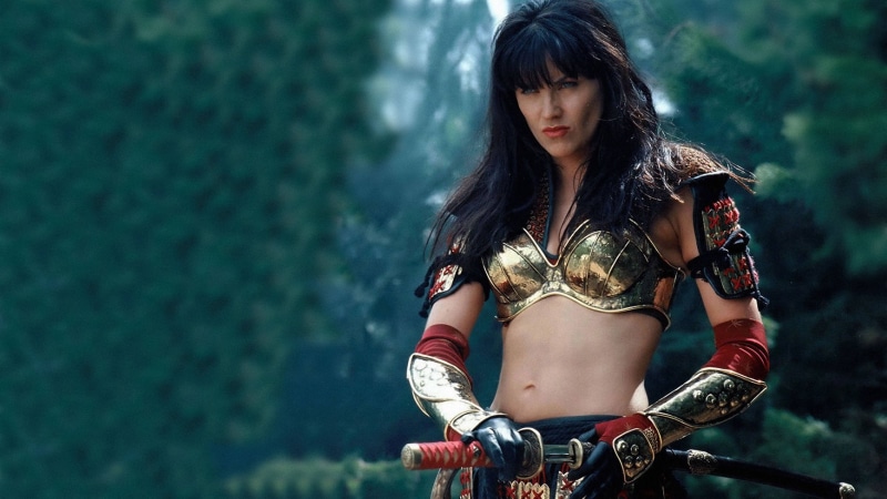 looking, armor, teenager, three quarter length, focus on foreground, hairstyle, nature, Xena: Warrior Princess, beautiful woman, young women, gold, outdoors