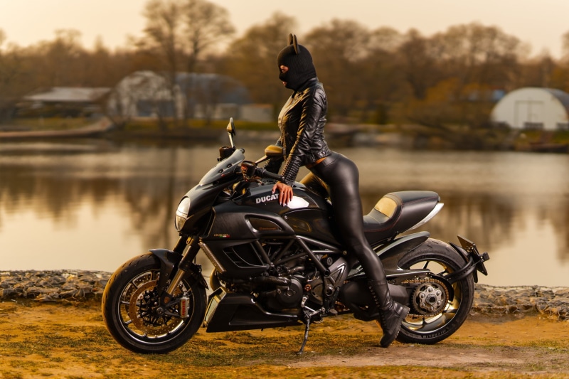 women outdoors, Ducati Diavel, profile, model, Brembo, motorcycle, leggings, depth of field, Ilya Pistoletov, mask, leather leggings, black jackets, side view