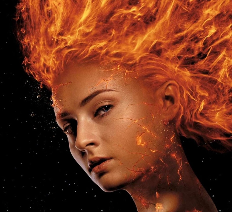 black, comics, actress, 720P, face, poster, X-Men: Dark Phoenix (2018), Sophie Turner, fantasy, movie, orange, fire, dark phoenix, girl