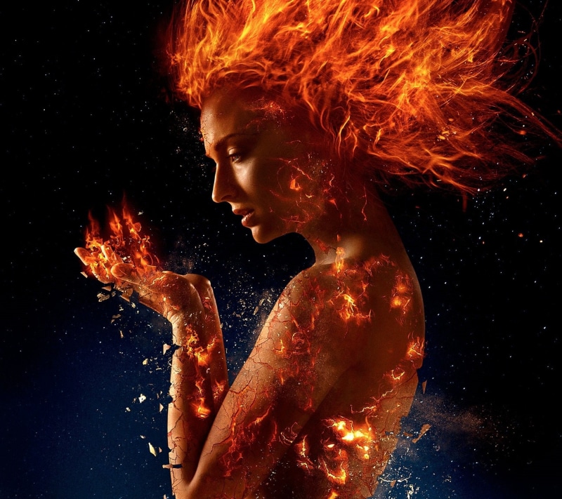 Movie, fire, black background, nature, profile view, orange color, Sophie Turner, glowing, 720P, motion, side view, waist up, one person, young adult