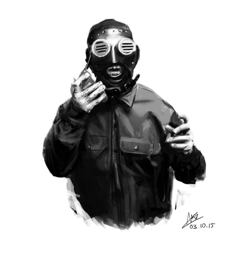 metal band, Slipknot, Nu Metal, fan art, simple background, Sid Wilson, 1080P, black t-shirt, sepia, mask