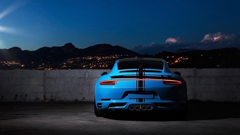 motor vehicle, night, transportation, no people, blue, architecture, travel, nature, 1080P, outdoors, mountain, city, stationary, sky, Porsche, cloud - sky