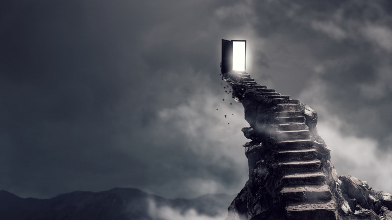 surrealistic, stairway, stairs, nothingness, light, hope, fantasy art, way, 4K, surrealism, stair