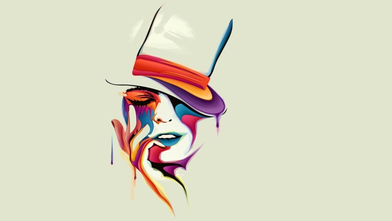 pink color, close-up, hat, indoors, face, painting, multi colored, studio shot, digital art, 1080P, animal representation, women, cut out, animal, representation