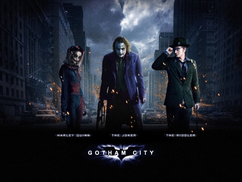 group of people, Heath Ledger, David Tennant, standing, Joker, indoors, adult, dark, dc, men, 480P, nightlife, Harley Quinn, architecture, fashion