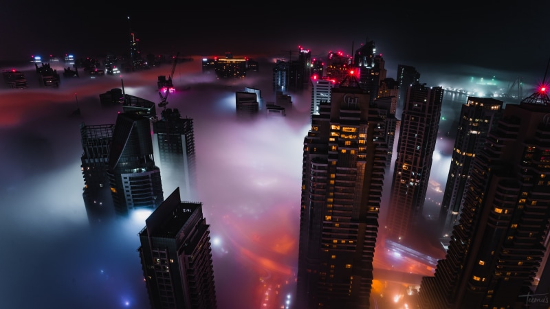 Dubai, glowing, modern, nightlife, city life, residential district, cityscape, tall - high, building, 2K, tower, urban skyline, city, no people, building exterior