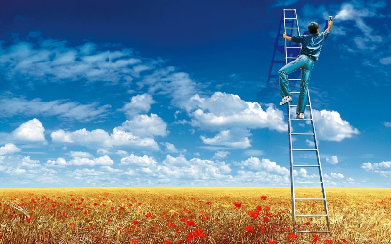 flowers, creativity, agriculture, painting, wind turbine, men, ladders, beauty in nature, steel, digital art, graffiti, plant, field, cloud - sky, environment