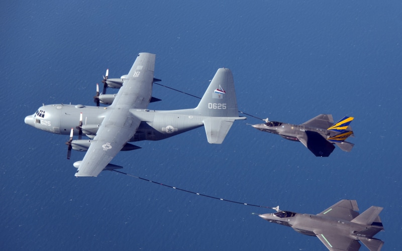 Lockheed Martin F-35 Lightning II, military aircraft, US Air Force, 2K, jet fighter, mid-air refueling, aircraft, Lockheed Martin KC-130