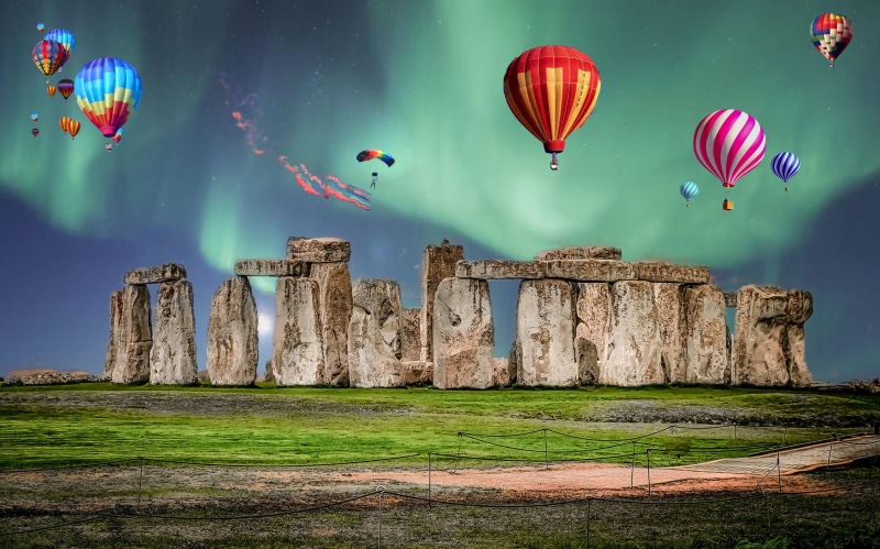 stonehenge, air vehicle, travel, flying, mid-air, plant, hot Air Balloon, day, air, sky, ballooning festival, cappadocia, green color, blue, no people