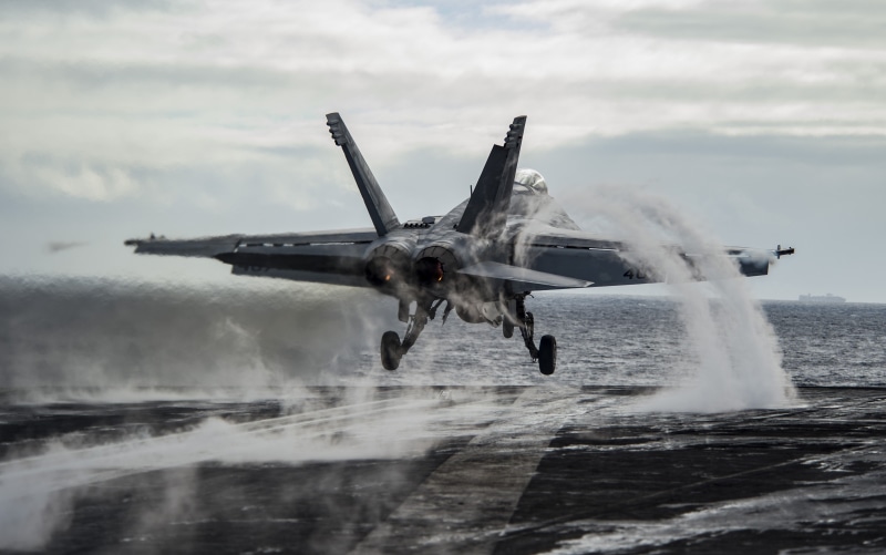 mcdonnell douglas fa 18 hornet, plane, flying, sky, outdoors, military, nature, motion, water, transportation, no people, day, mid-air, landing - touching down
