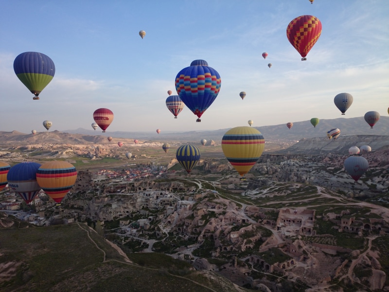 no people, aerial view, mid-air, tuff, view, hot air balloons, ballooning festival, anatolia, cappadocia, nature, balloons, basket, landscape, solid, multi Colored