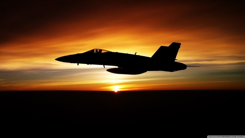 air vehicle, airplane, on the move, motion, photo, sky, military, transportation, plane, 720P, McDonnell Douglas F/A-18 Hornet, dramatic sky, flying, orange color