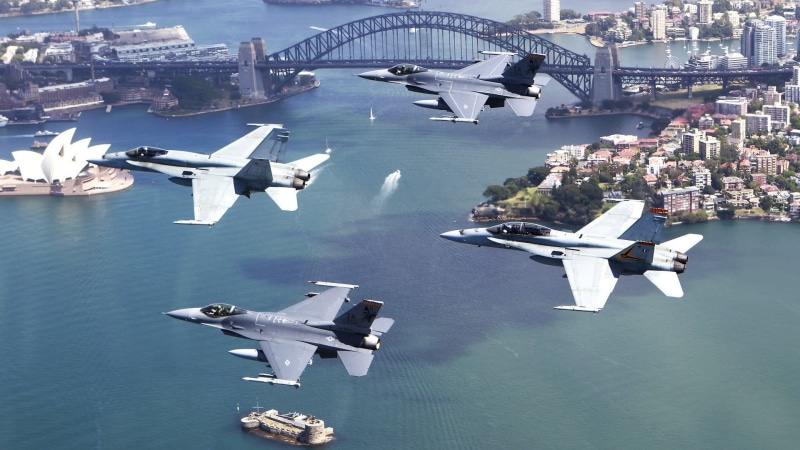 day, mid-air, Sydney, city, aerial view, air vehicle, military, Australia, General Dynamics F-16 Fighting Falcon, architecture, no people, outdoors, built structure