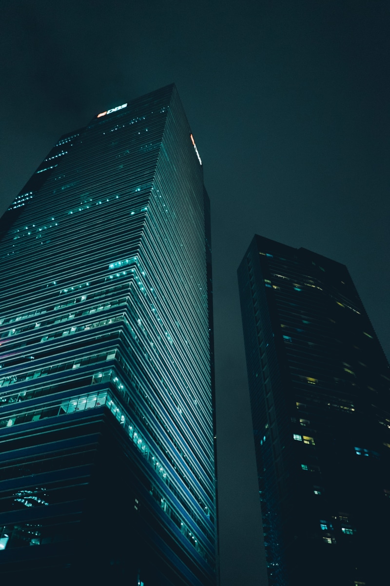 city, architecture, tower, blue, office building, singapore, town, low angle view, no people, skyscraper, 5K, building, illuminated, steeple