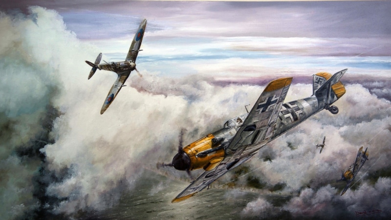 on the move, day, water, smoke - physical structure, government, painting, transportation, flying, motion, Messerschmitt, fighter, air vehicle, mode of transportation