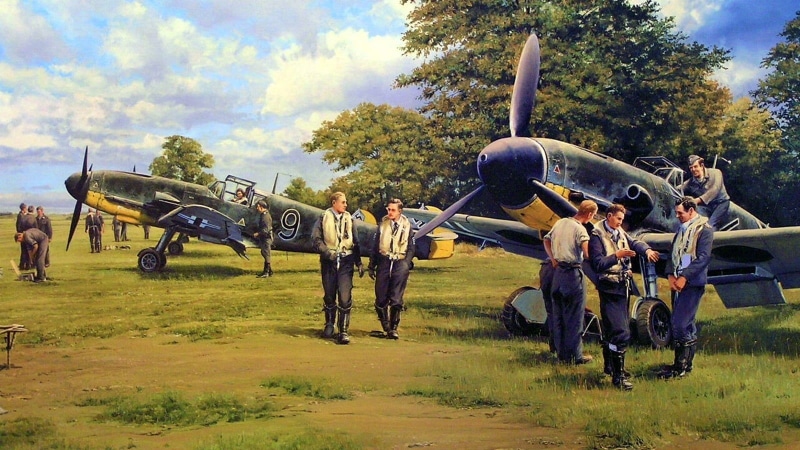 large group of people, tree, mode of transportation, group of people, painting, outdoors, day, armed forces, 720P, Germany, planes, plant, nature, fighter