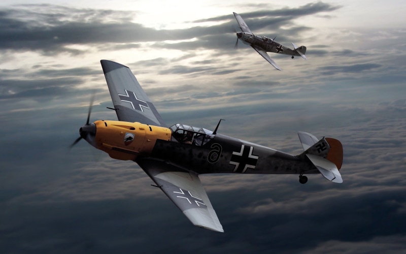 transportation, military, motion, plane, military airplane, airplane, air vehicle, cloud - sky, messerschmitt messerschmitt bf 109 luftwaffe artwork military aircraft world war ii germany