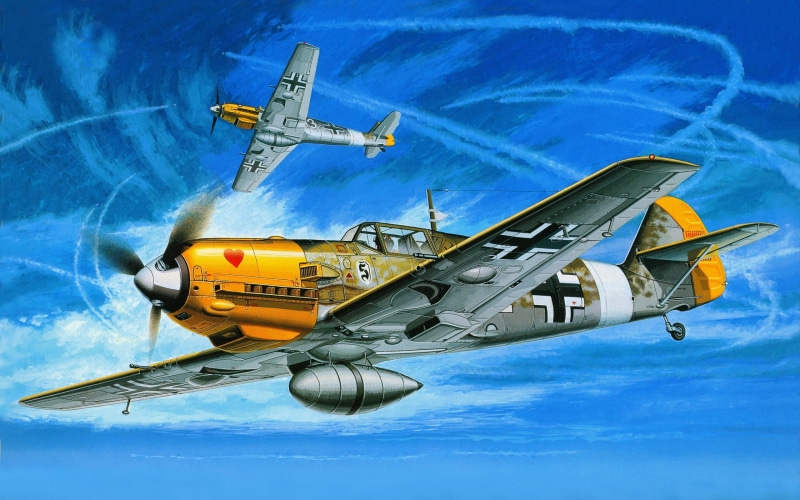 military aircraft, World War II, Messerschmitt, Messerschmitt Bf-109, aircraft, military, Germany, Luftwaffe, artwork, 2K