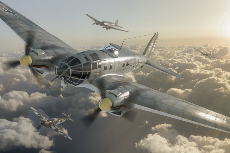 artwork, airplane, World War II, 720P, Luftwaffe, Messerschmitt Bf 109, Bomber, Heinkel He 111