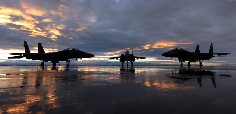 5K, transportation, sky, airplane, cloud - sky, land, standing, sunset, water, nature, scenics - nature, outdoors, McDonnell Douglas F-15 Eagle, sea, U.S. Air Force