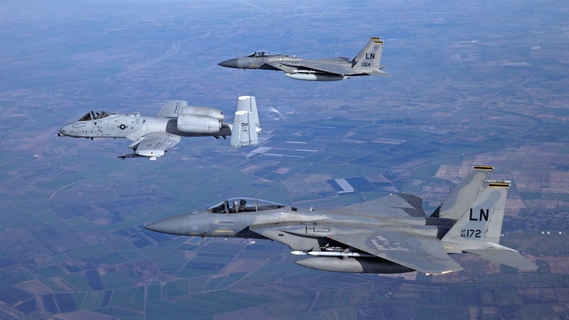 aerial view, flying, air force, US Air Force, McDonnell Douglas F-15 Eagle, mode of transportation, jet fighter, plane, Fairchild A-10 Thunderbolt II, transportation