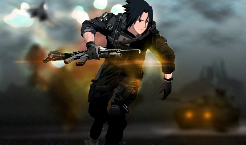 crossover, oriental, japanese, weapon, Battleld, ninja, Uchiha Sasuke, kekkei genkai, 1080P, shinobi, manga, gun, Naruto, anime, rifle, asian, sharingan