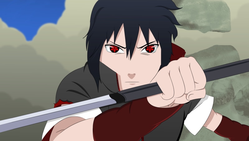 mangekyou sharingan, Naruto Shippuden, 2K, red, sharingan, leisure activity, front view, looking at camera, nukenin, sword, by arielitachi, Uchiha, real people