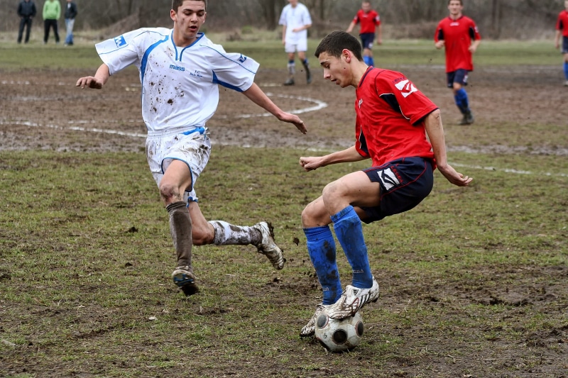 soccer team, aggression, two, young adult, game, soccer player, children playing, outdoor activities, team sport, grass, bad field, adult, play, active