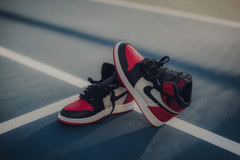healthy lifestyle, sport, close-up, still life, focus on foreground, high angle view, red, clothing, sports shoe, striped, no people, sports equipment