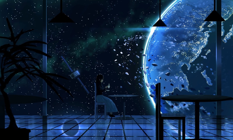 glass - material, space, decoration, star - space, anime, transparent, window, sky, 1080P, indoors, night, blue, no people, built structure