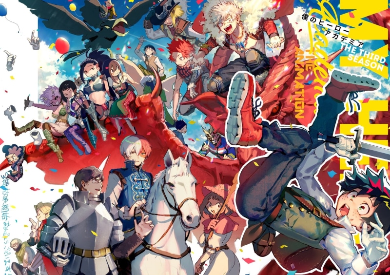 high angle view, art and craft, festival, female likeness, Fumikage Tokoyami, Tsuyu Asui, All Might, Shouto Todoroki, variation, multi colored, Tenya Iida