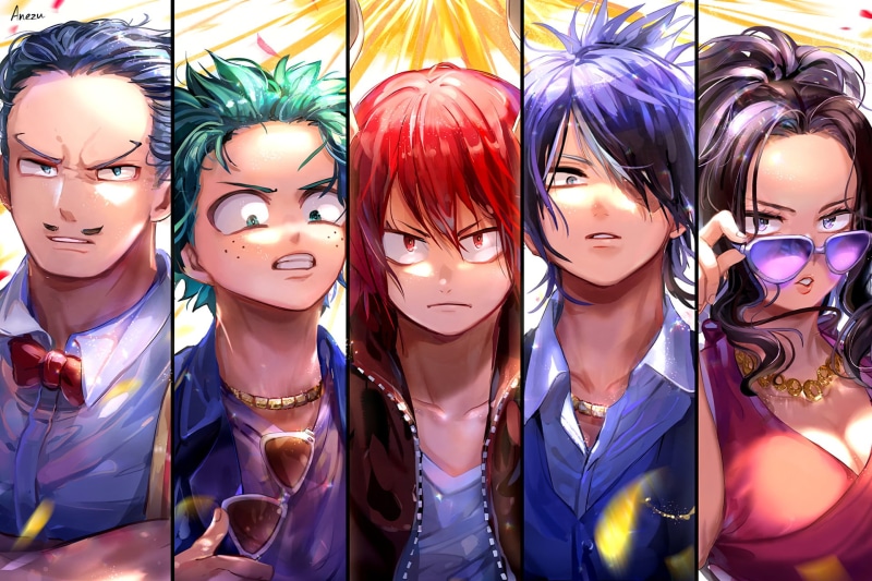 1080P, no people, in a row, for sale, indoors, Eijiro Kirishima, hairstyle, female likeness, mask, illustration, Shouto Todoroki, disguise, side by side