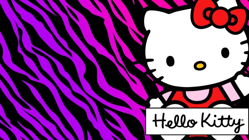 western script, logo, Japanese, emotion, purple, 1080P, text, indoors, hello, communication, Hello Kitty, art and craft, wall - building feature, cat