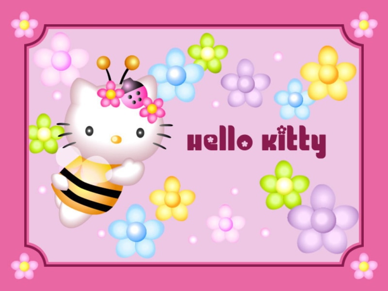 bee, hello kitty, cartoon, hello, 480P, pink, cat, kitty
