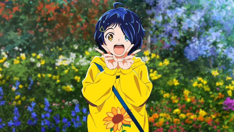 blue hair, anime girls, wonder egg priority, flowers, sunflowers, 4K, Ai Ooto